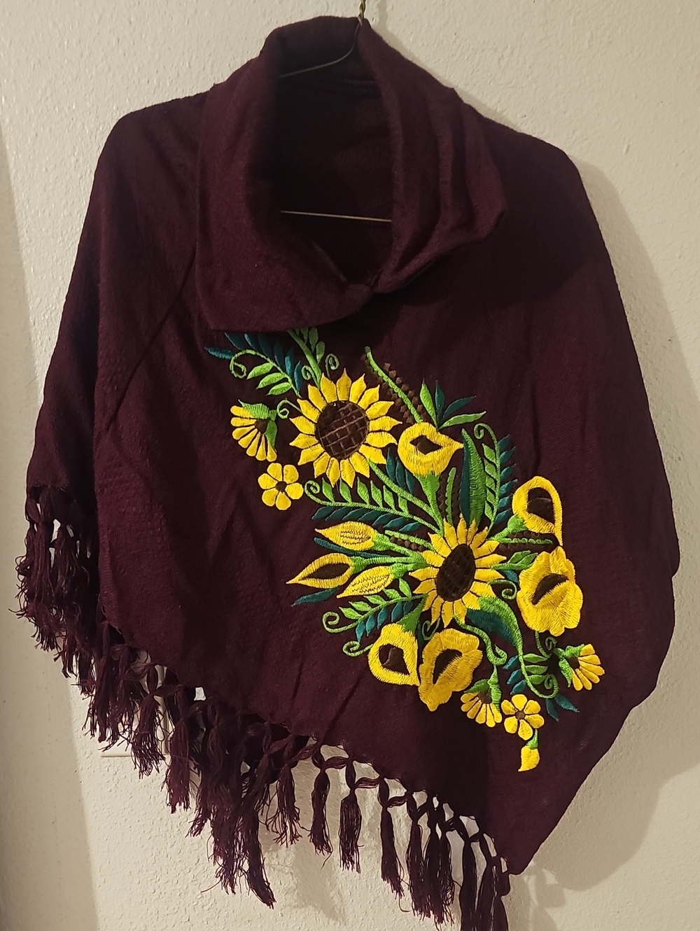Embroidered Sunflower Poncho - Deep Plum